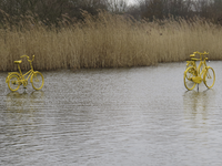 907201 Afbeelding van het kunstproject 'gele drijvende fietsen' op de vijver in het Griftpark te Utrecht. Een project ...